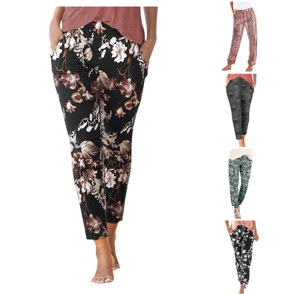 WERYOUNG Women's Pants High Waist Floral Print Trousers Straight Leg Long Pants Boho Beach Pockets Pants Comfortable Bottoms L