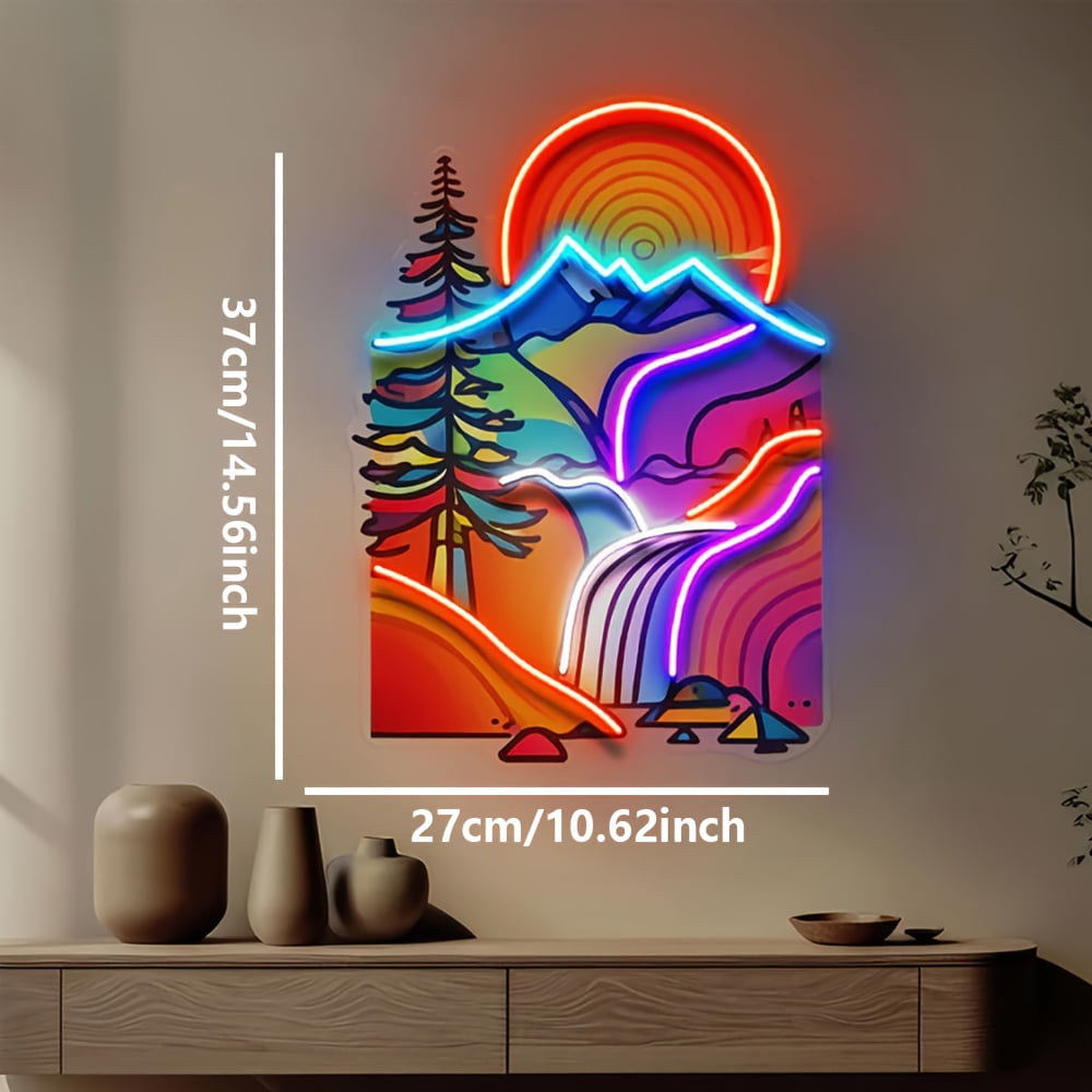 USB-Powered Neon Mountain Wall Lamp - Vibrant Sunset Landscape with Pine Trees & Waterfall, Abstract Pop Art Wall Decor for Home, Office, Cafe or Restaurant. Colorful Plastic Wall-Mounted Neon Sign L