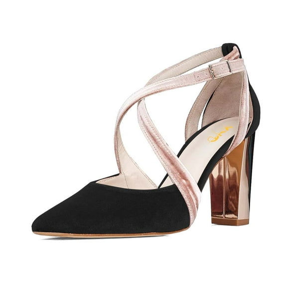 XYD Women Retro Pointed Closed Toe Pumps Chunky Metallic High Heels Crossed Straps D'Orsay Party Velvet Shoes Size 7 Balck