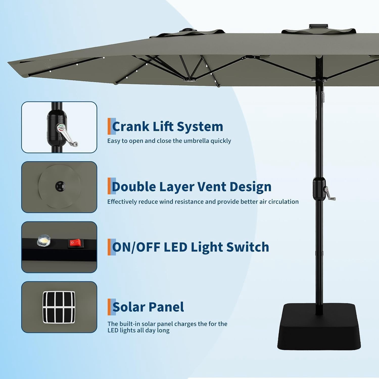 15 Ft Rectangular Patio Umbrella with Solar Lights & Base Included - Large Patio Umbrella with Crank Handle 36 LED Lights, UV Protection for Outdoor Market, Backyard, Deck, Pool, Grey