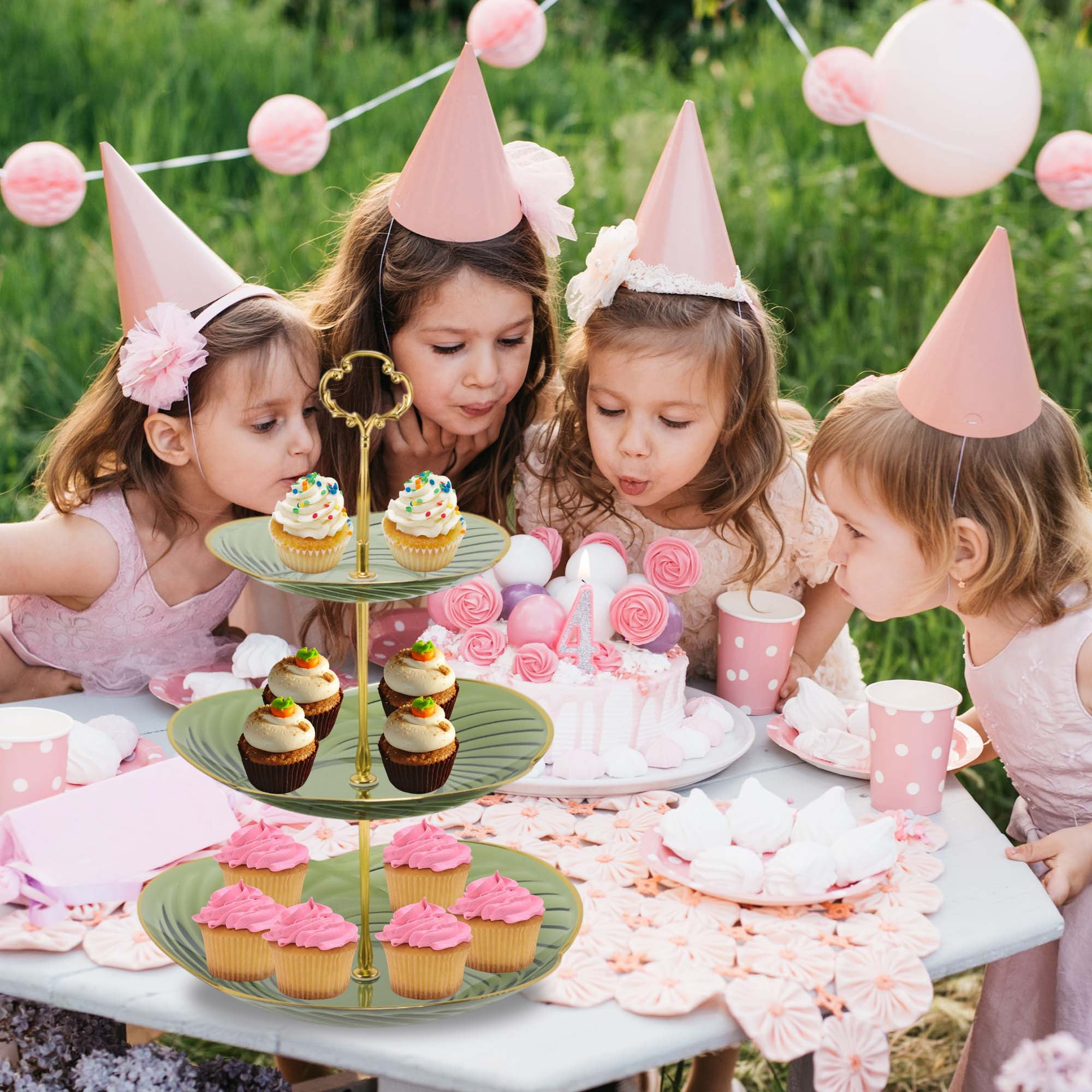 Unique Bargains 3 Tier Dessert Cupcake Stand Holder with Tiered Tray Green