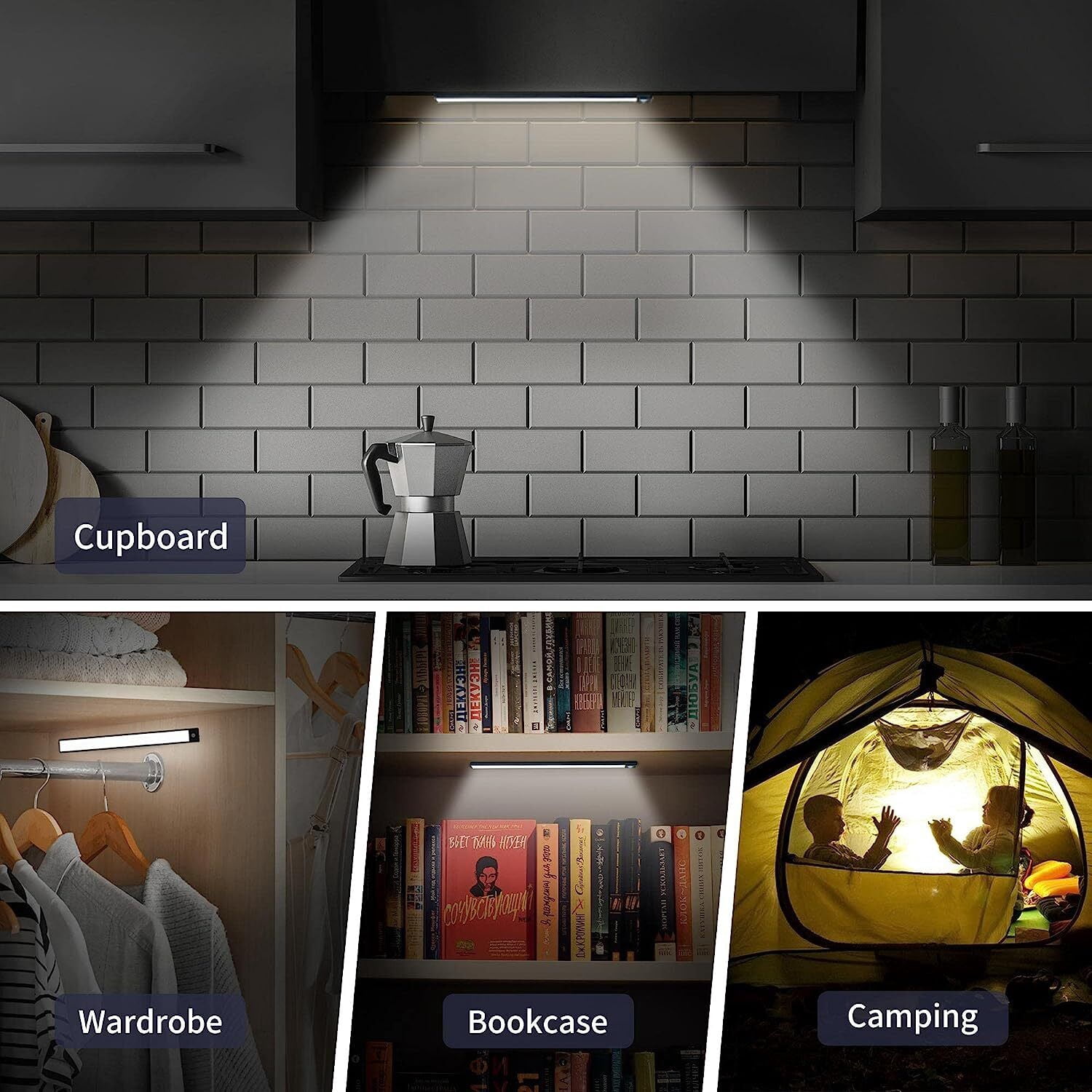 2 Pack Motion Sensor Under Cabinet Lights Indoor 20 Inch Rechargeable Under Cabinet Lighting Lights for Kitchen, Battery Powered 100 LED Stair Wall Closet Light Wireless Indoor - Black