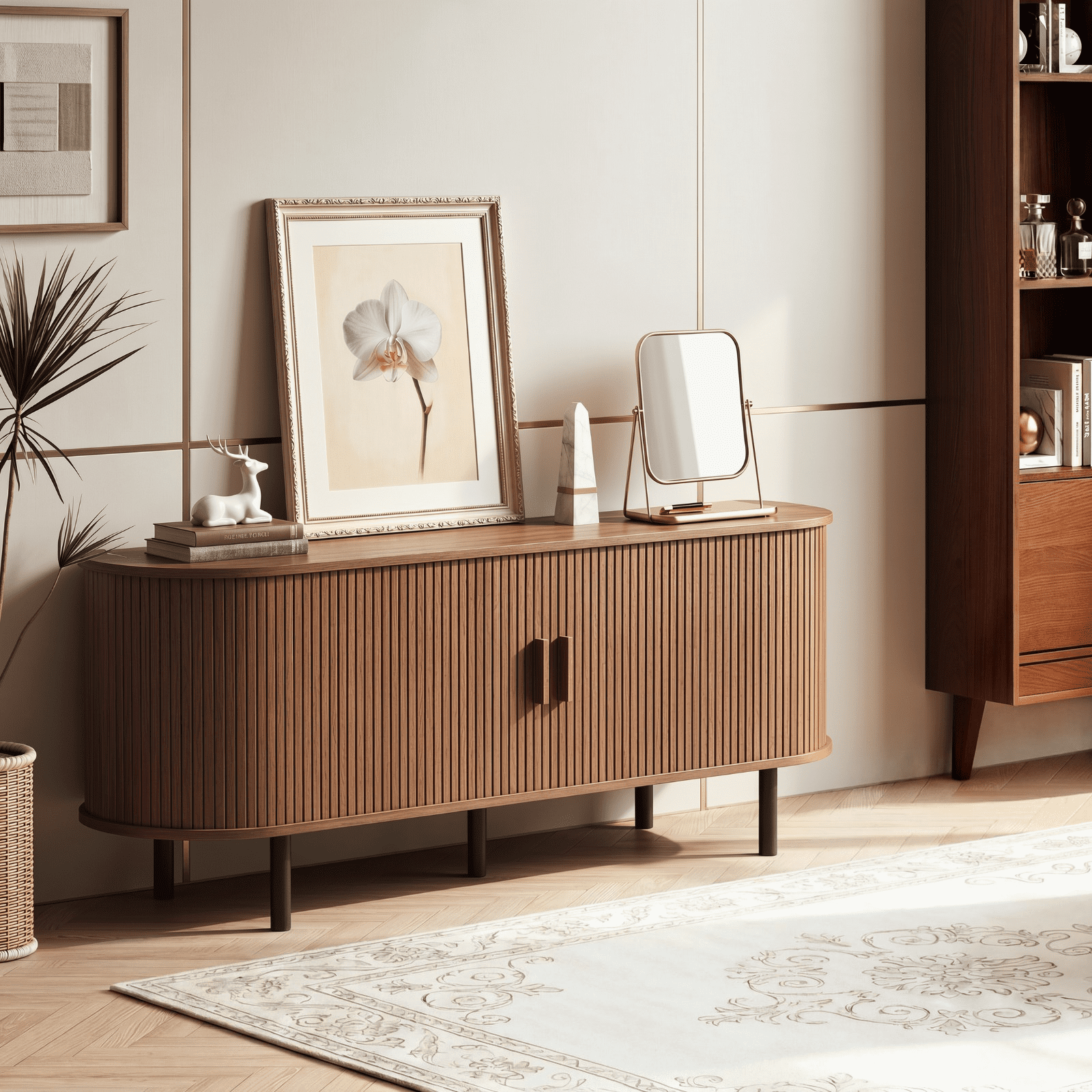 55 Inch TV Stand with Built-in Power Outlet, Compatible with TVs Up to 60 Inches, Modern Entertainment Center with Adjustable Shelves, Storage Space, and Sliding Doors, Walnut