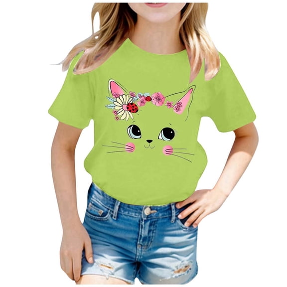 Toddler Girl Shirt Round Neck Letter Print Short-Sleeve T-Shirt Cotton Blouse Tops T-Shirts Toddler To Big Kid 4-6 Years(Light Green)