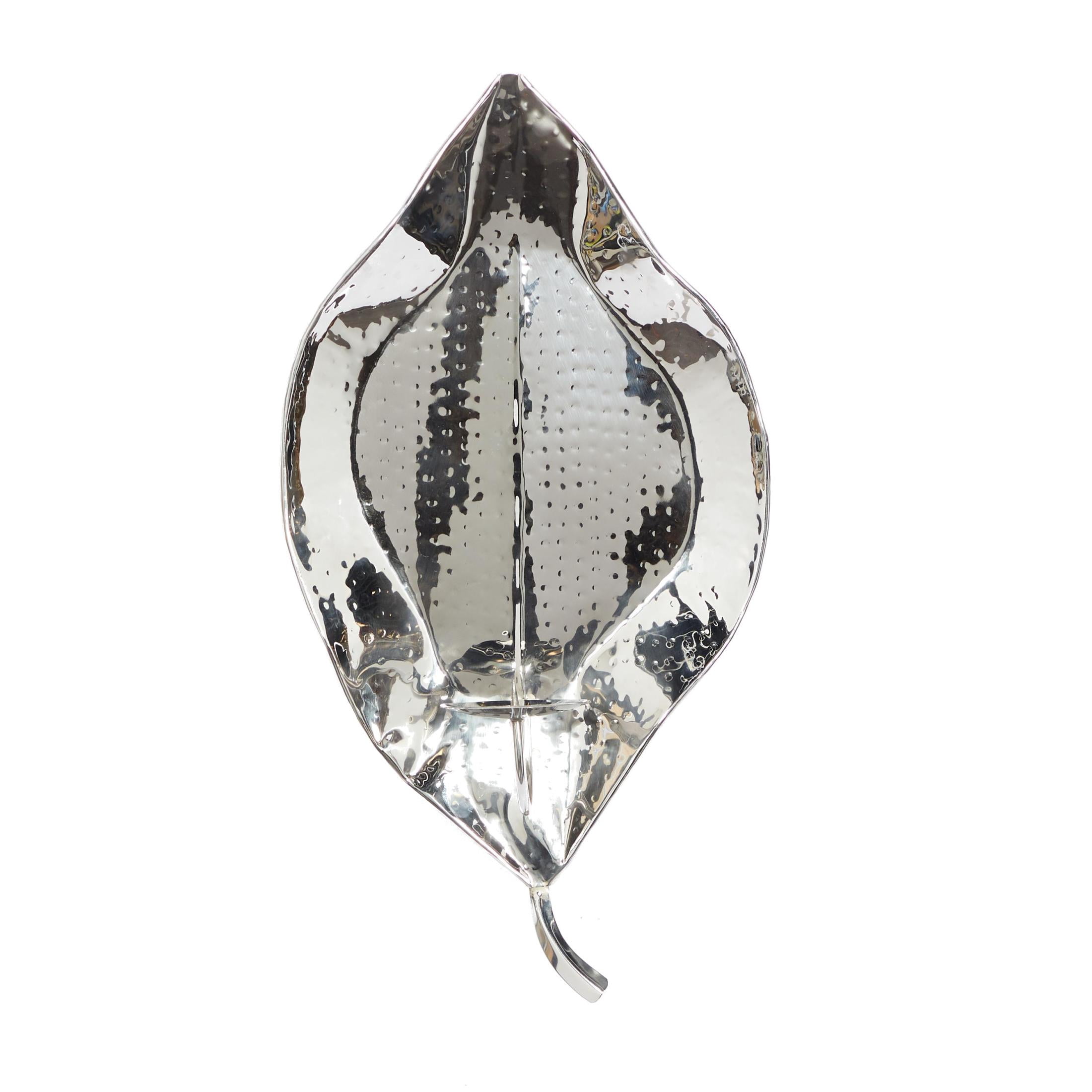 DecMode Silver Stainless Steel Metal Leaf Slim Wall Sconce with Hammered Design