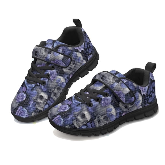 Pointodoor Skull Shoes for Girls Boys Size 10.5 Little Kid Blue Rose Mesh Sneakers Breathable Lightweight Slip on Running Tennis Sports Shoes for Halloween