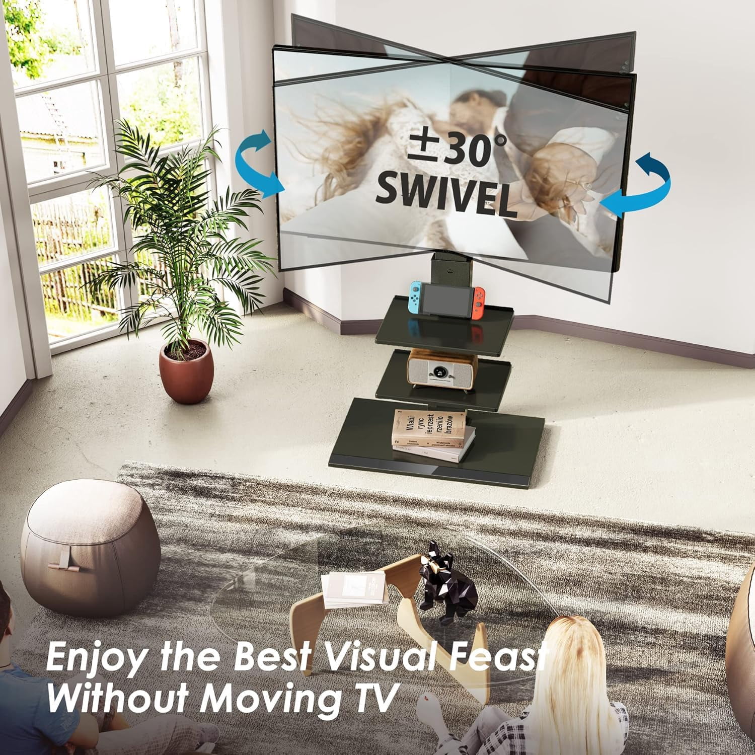 FITUEYES Corner TV Stand for 32–75 Inch TVs, Black, Swivel & Tilt, Height Adjustable, Iron Base