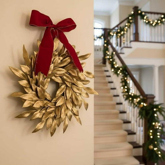 YOHAVEN Christmas Golden Leaf Bow Wreath for Doors Walls Centerpieces Indoor Outdoor Holiday Decorations Elegant Festive Christmas Decor Party Favors Seasonal Decorations Christmas Garlands Ornaments