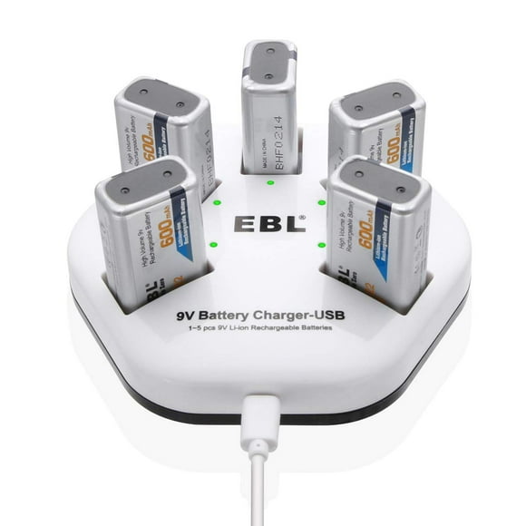 EBL Rechargeable Lithium ion 9V 600mAh Batteries (5 Pack) with 5 Bay 9V Battery Charger 2A Input for Smoke Alarm Detectors