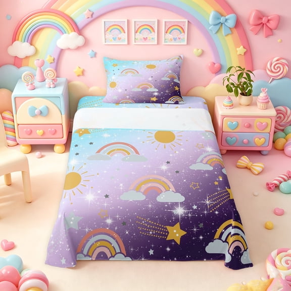 Manfei Kawaii Rainbow Twin Sheets, Bling Stars Galaxy Print Bedding, Blue Purple, 3-Piece, 1 Flat Sheet, 1 Fitted Sheet and 1 Pillowcase