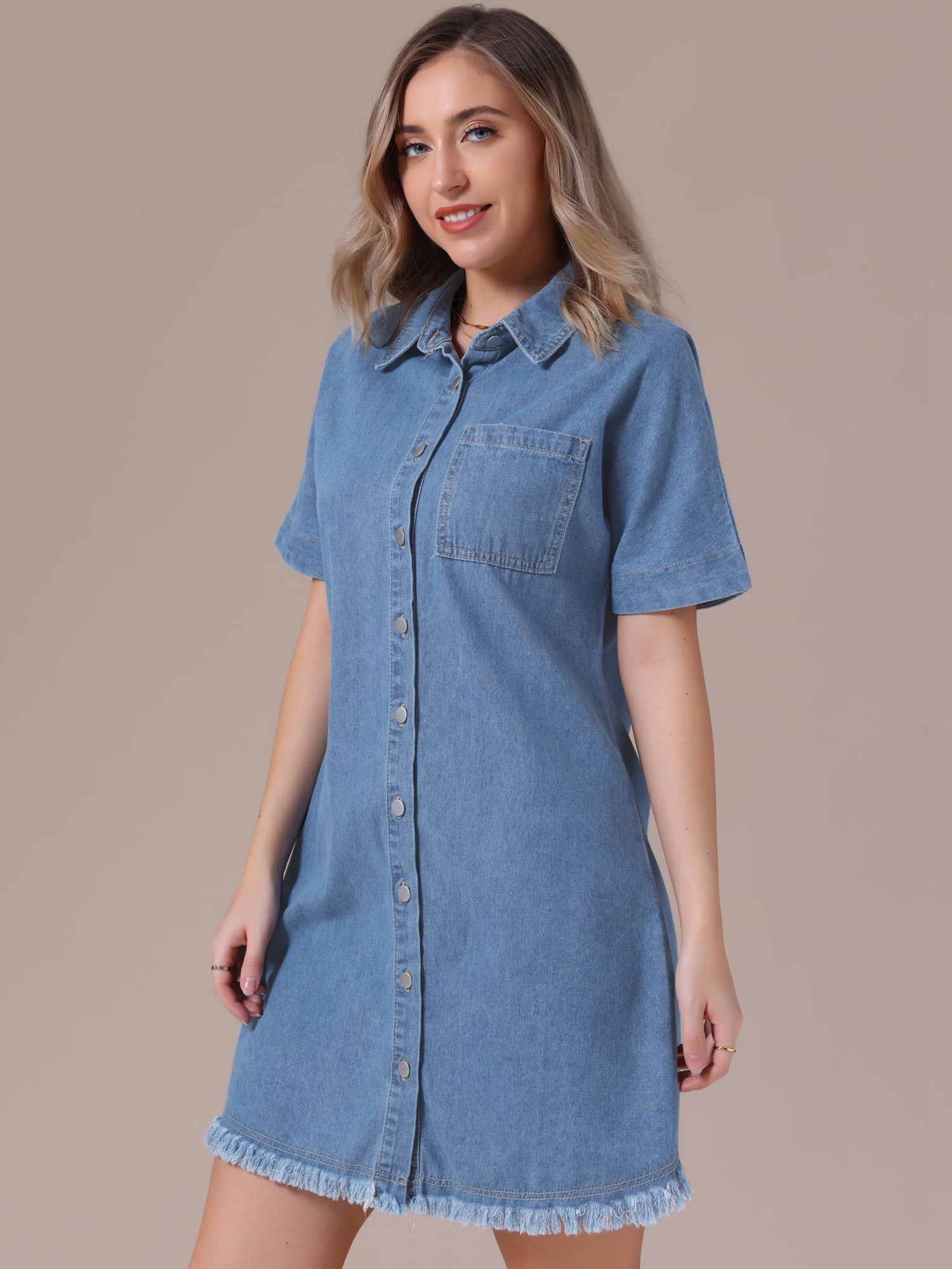 DARING DIVA Short Sleeve Denim Collared Button Front Jean Dress XL Light Blue