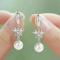 GKNET 925 Silver Anniversary Drop Earring Cute Women Round Cut Pearl Delicate Jewelry Gift-Silver