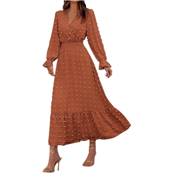 Long Sleeve Dresses for Women 2025 Spring Autumn Temperament Fashionable Casual V-Neck Dots Dress High Waisted A-Line Ruffle Dress