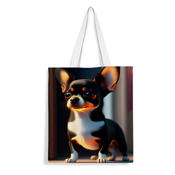 Chihuahua Bolso de tela con estampado de lienzo para mujer, bolsa de compras reutilizable y estética, con cremallera interior, regalo para mujer, 35 × 40 cm.