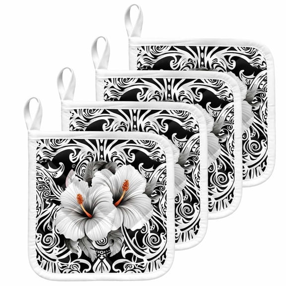 Black White Spring Floral Pot Holders for Kitchen Heatproof Potholder, 4 Pack Summer Botanical Modern Hot Pads Multipurpose Oven Pads Cloth Potholders Trivet for Cooking and Baking