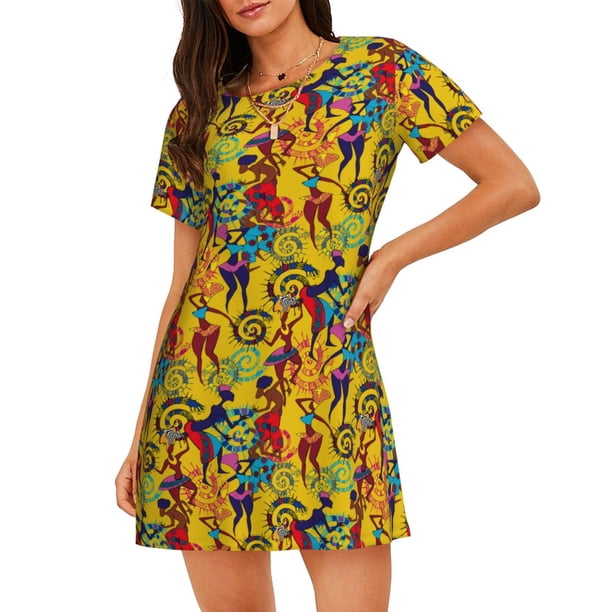 Disketp Dancing African Womens para Camisón Corto de Manga Corta para Mujeres, Camisón Cómodo con Escote Redondo, Bonito y Confortable