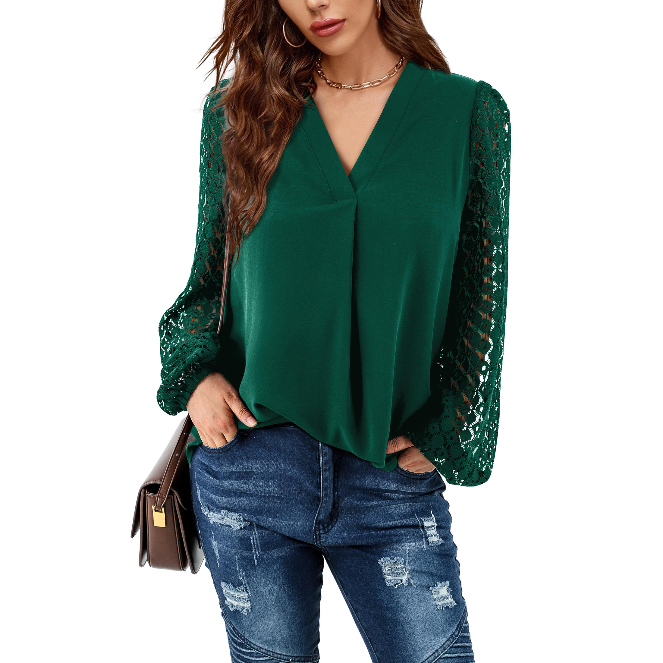 Amoretu Womens Shirts Casual V Neck Long Sleeve Blouses Plain Tops Green L - image 2 of 4