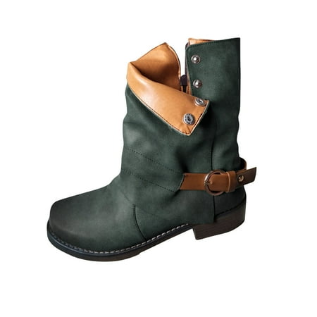 

YOTAMI Womens Boots Women s Winter Warm Cuffed Women s Shoes Belt Buckle Side Zipper Low Boots Army Green