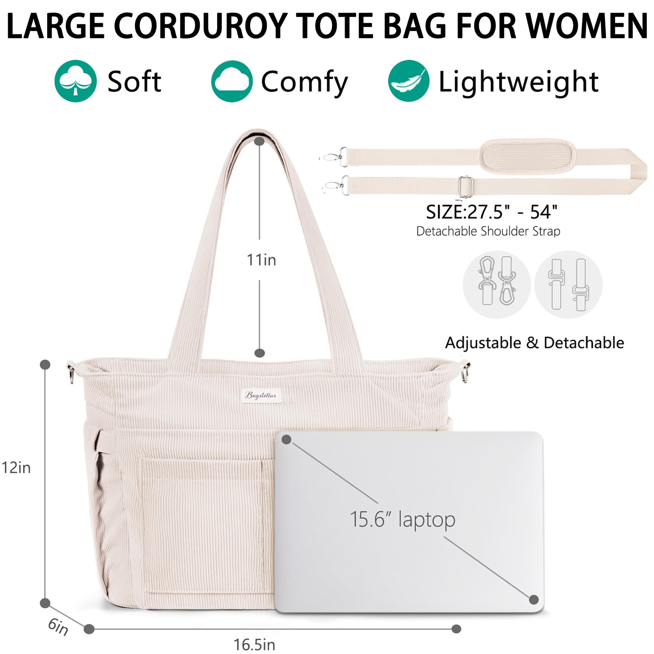 Corduroy Tote Bag for Women, Lightweight Work Laptop Tote Purse With 17 Pockets, Crossbody Shoulder Handbag for School Work Travel Gym, Beige