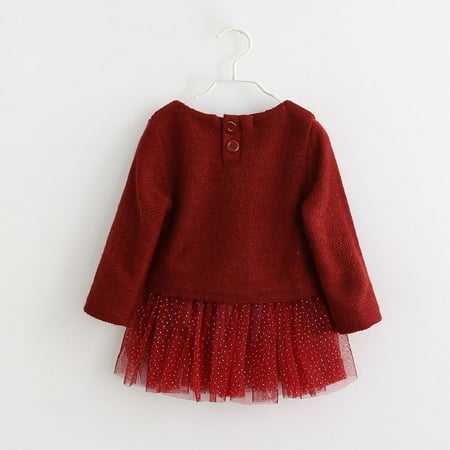 

Infant Baby Girls Long Sleeve One-piece Dress Knitted Plush Ball Mesh Gilded One-piece Dress Patchwork Puffy Princess Dress