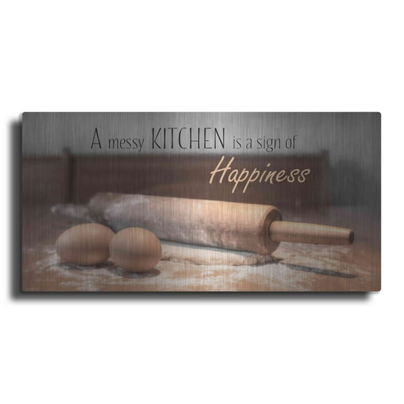 Luxe Metal Art 'A Messy Kitchen is a Sign of Happiness' by Lori Deiter, Metal Wall Art, 48"x24"