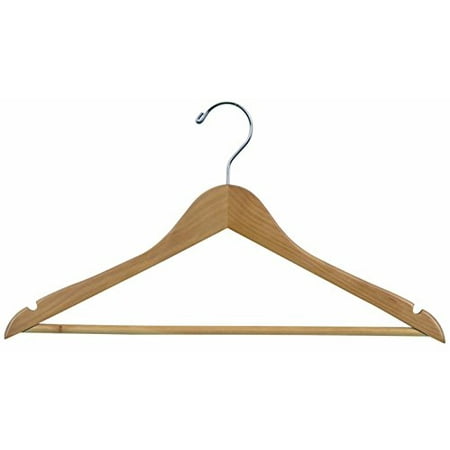 Wood Suit Hanger w/ Solid Wood Bar, Box of 100 Space Saving 17 Inch Flat Wooden Hangers w/ Natural Finish & Chrome Swivel Hook & Notches for Shirt Dress or Pants by International