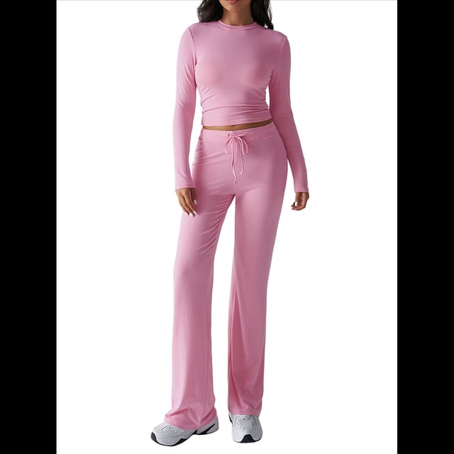 Conjuntos de 2 Piezas para Mujer, Larga, Cuello Redondo, Pantalones Acampanados de Cintura Alta, Conjuntos de Chándal, Ropa de Calle. Rosa S