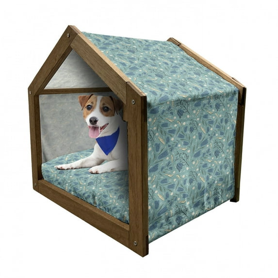 Seafoam Pet House, Hand Drawn Aquarelle with Floral Motifs Leaves Stalks Bell Flowers, Outdoor & Indoor Portable Dog Kennel with Pillow and Cover, 5 Sizes, Seafoam Night Blue Ivory, by Ambesonne