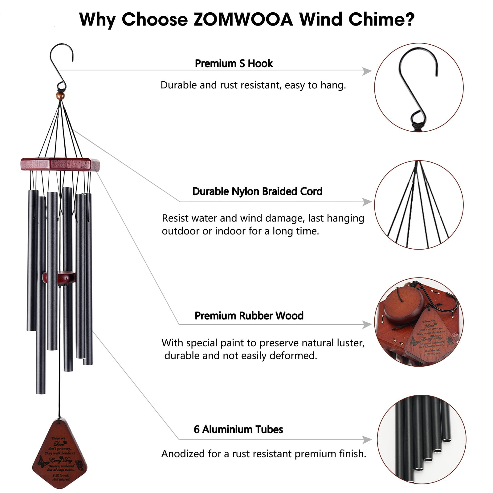 ZOMWOOA Memorial Wind Chimes Outdoor, 32 Inch Large Sympathy Wind Chimes for Loss of a Loved One, Bereavement/Memorial Gift/Sympathy Gift in Memory of Loved One Condolence Remembrance（Black)