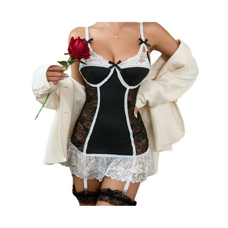 Michellecmm Women Lingerie Chemise Nightdress Lace See-Through Sleeveless Cami Dress with Garters Nightgown Sleepwear Slips Nightie