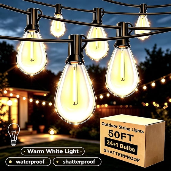 YIMIEMIT S14 LED 50ft Outdoor String Lights 24 1 Shatterproof Waterproof Bulbs for Patio Cafe Bistro
