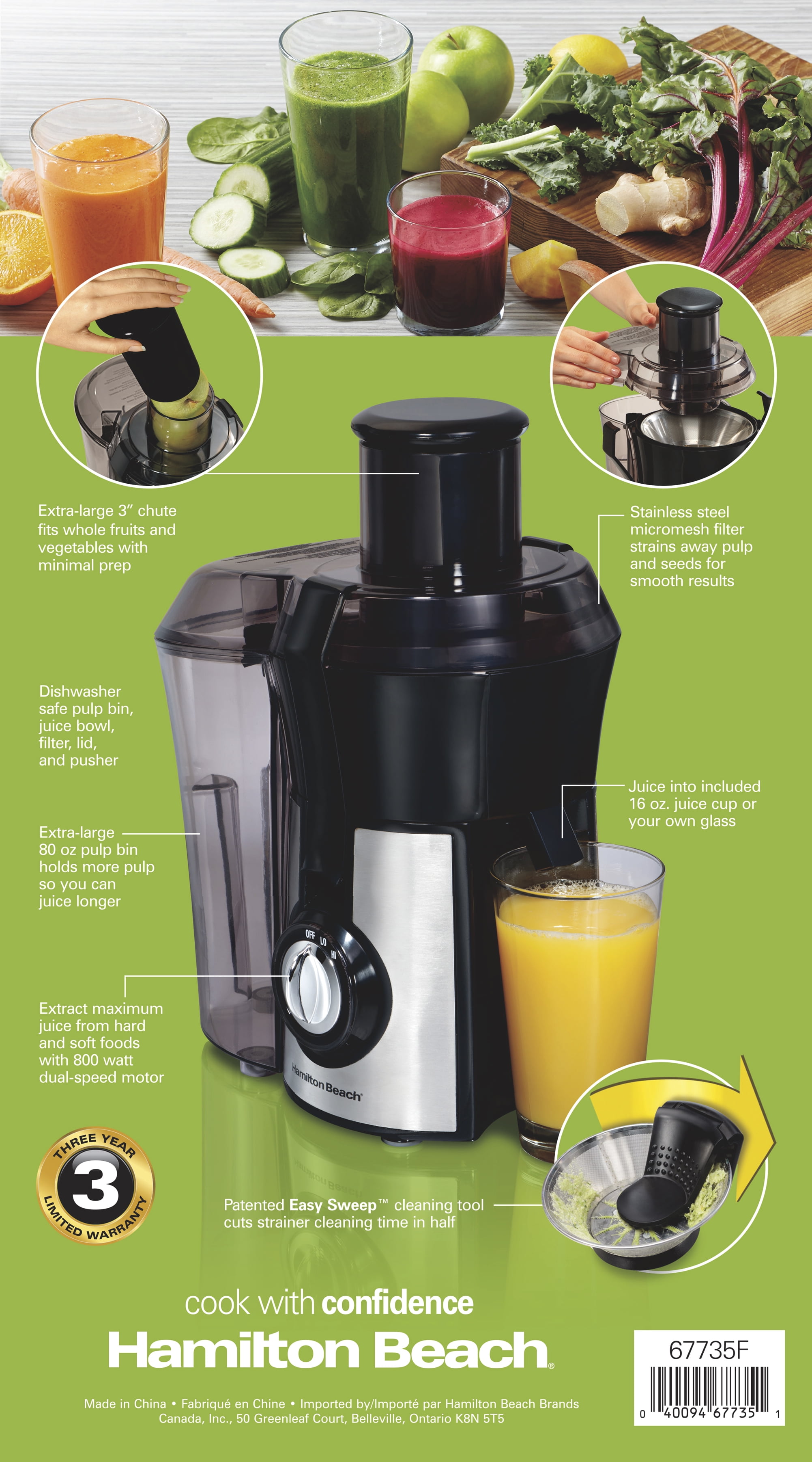 Hamilton Beach Easy Clean Juice Extractor, 800 Watts, Model 67735 