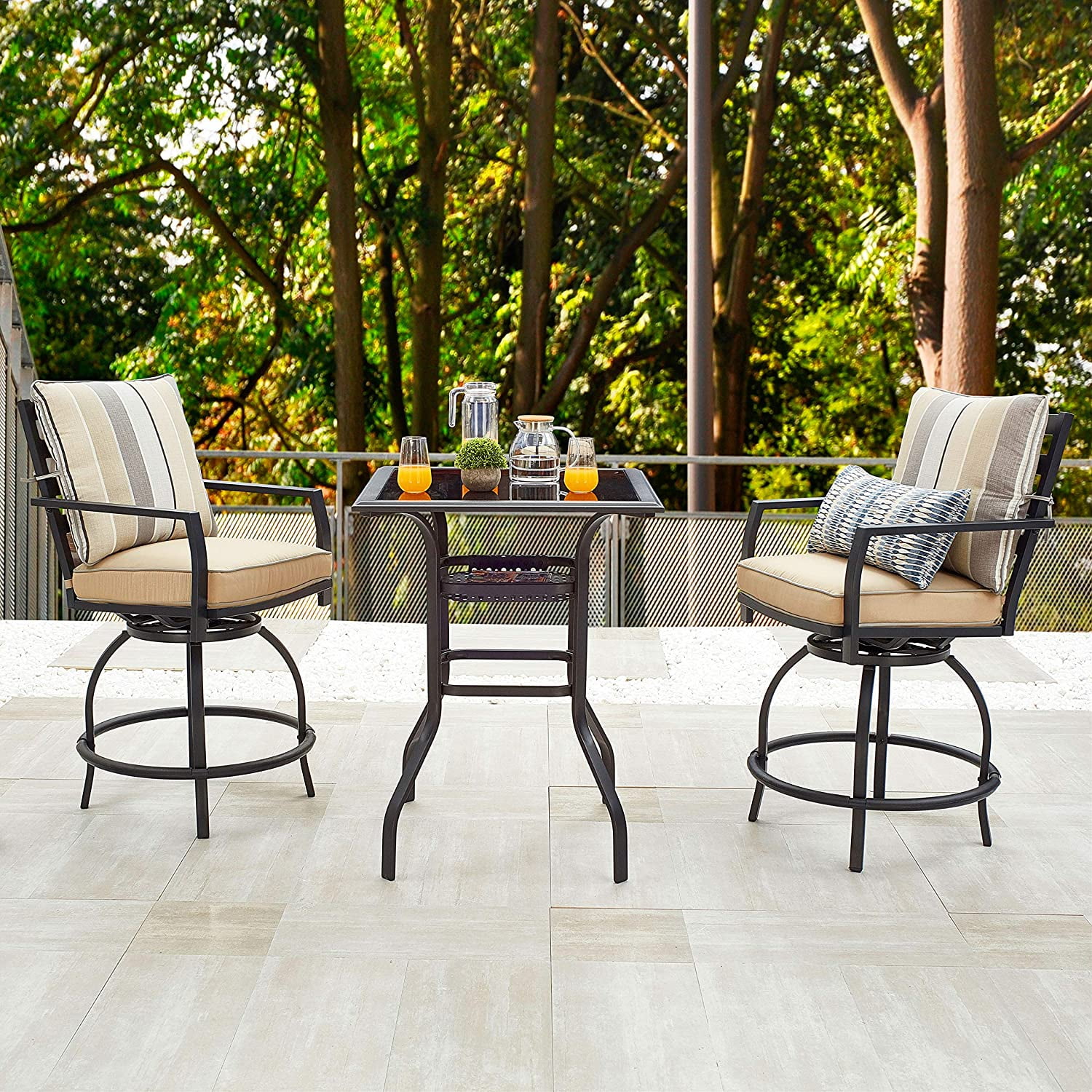 lokatse home patio bar height set with 2 outdoor swivel chairs and 1