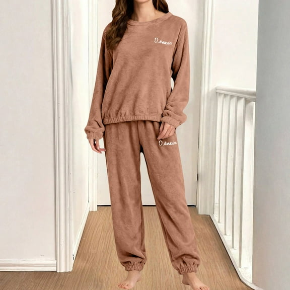 Women's 2-Piece Coral Fleece Pajama Set, Double-Sided Plush Sleepwear, Thickened Winter Loungewear, Comfortable Cuffed Ankle Pants, Cozy Home Wear Set for Women Coffee XXL