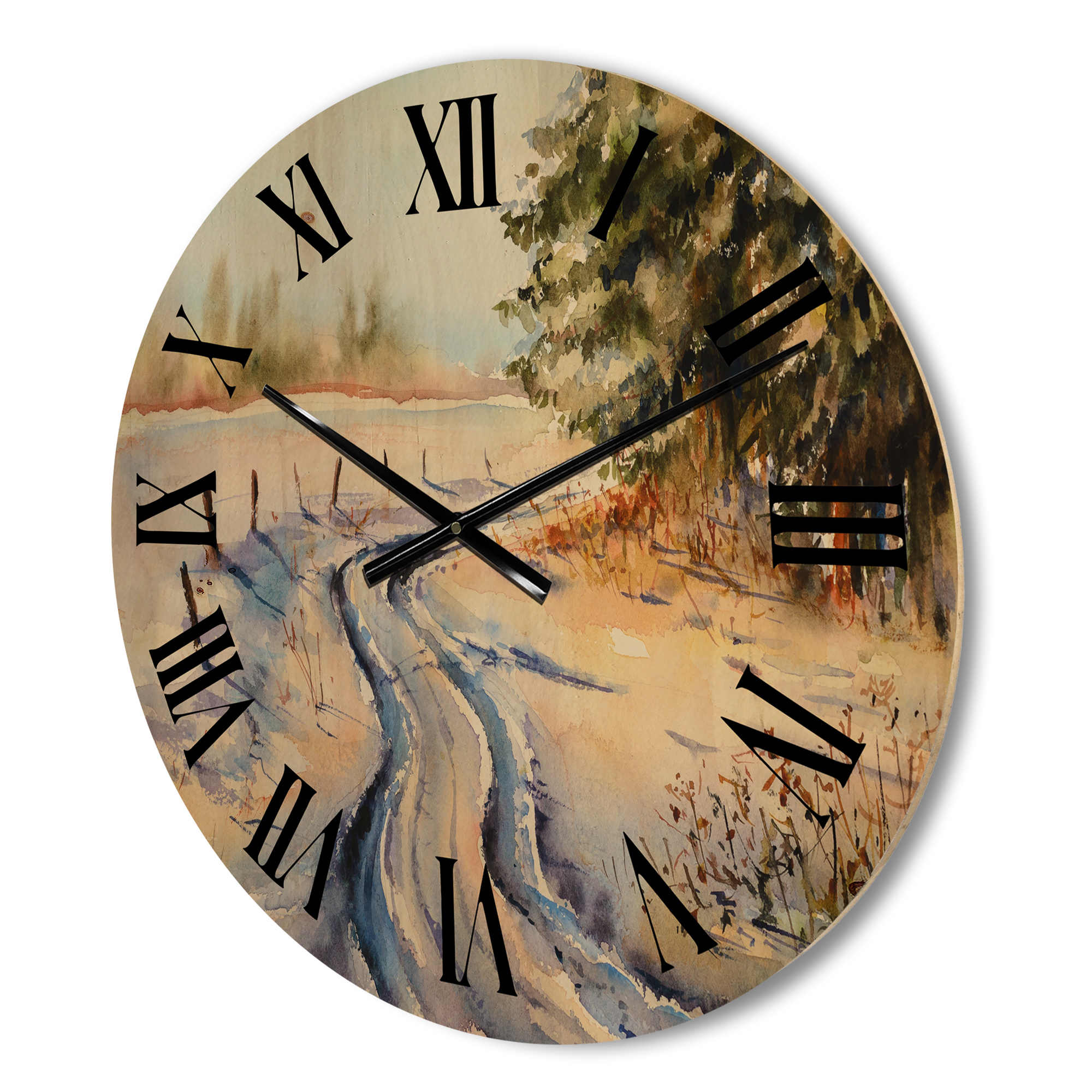 Designart 'Snowy Winter Forest Landscape Rural Road In Snow' Traditional Wood Wall Clock