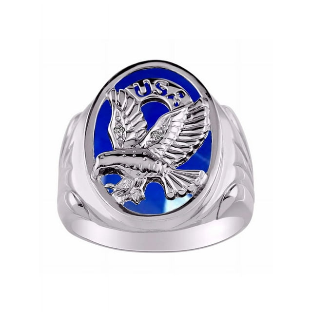 RYLOS Men's Rings 14K White Gold Ring Designer Patriotic Eagle USA Ring With Diamonds and Blue Quartz Rings For Men Size 13