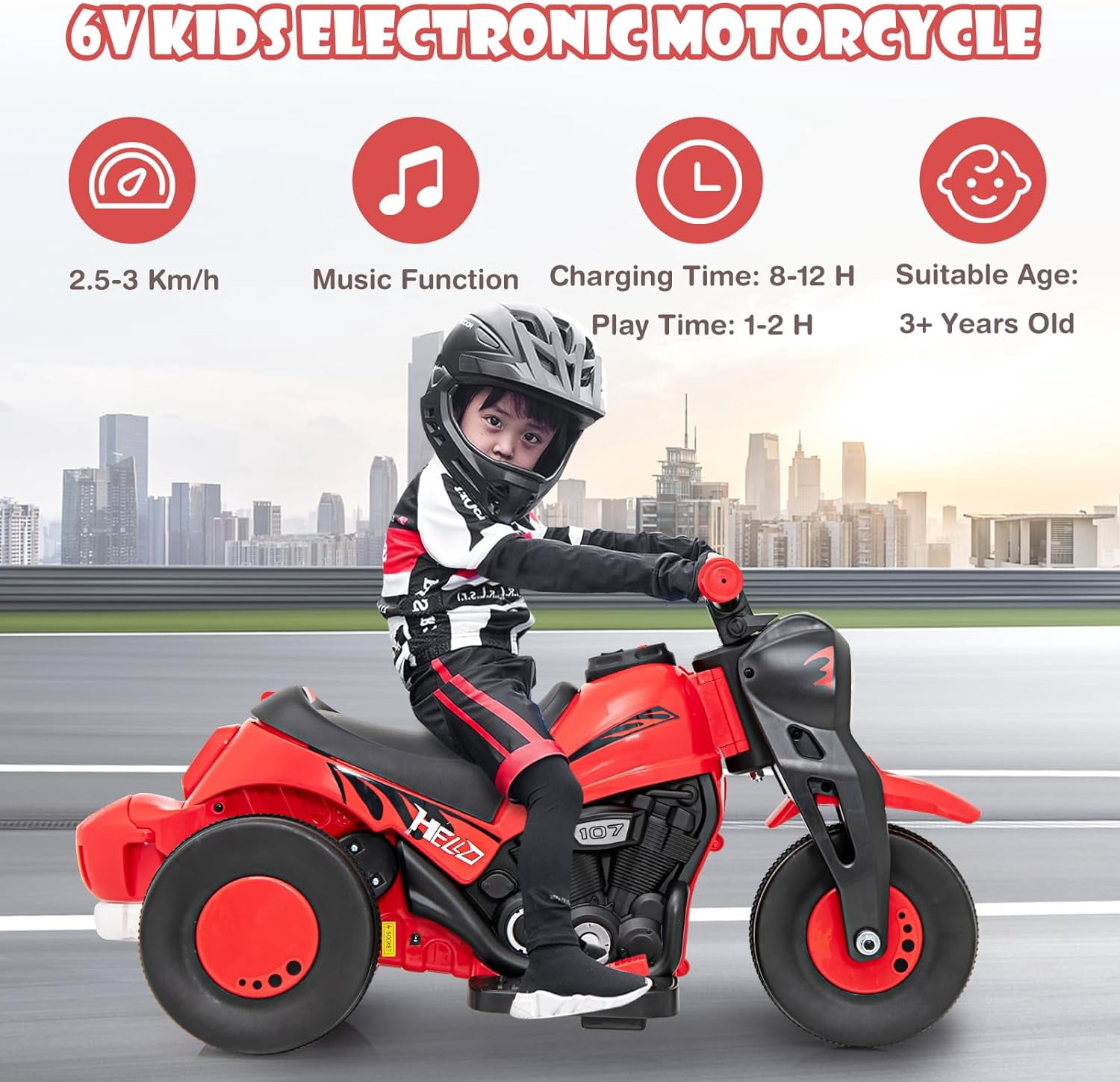 OLAKIDS Kids Motorcycle, 6V Electric Ride On Car with Automatic Bubble Function, Foot Pedal, Headlight, Music, 3 Anti-Skip Wheels Vehicle for Children, Toddler Ages 3+ (Red)