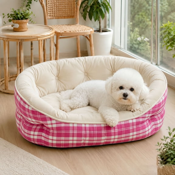 CSStudio Round Plaid Pet Bed, All Season Soft Cushioned Cat Dog Bed, Anti- Washable Raised Rim Pet Sleeping Nest for Small Medium Cats & Dogs Indoor Use