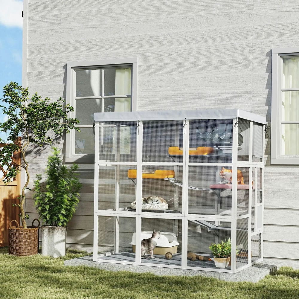 Topcobe Large Outdoor Catio Cat Enclosure with Hammock, Condo, Jump Platforms, Ladders, Ramps, Tarp, for 2-4 Large Cats, Outside Pet Shelter, Small Animal Habitat, Gray