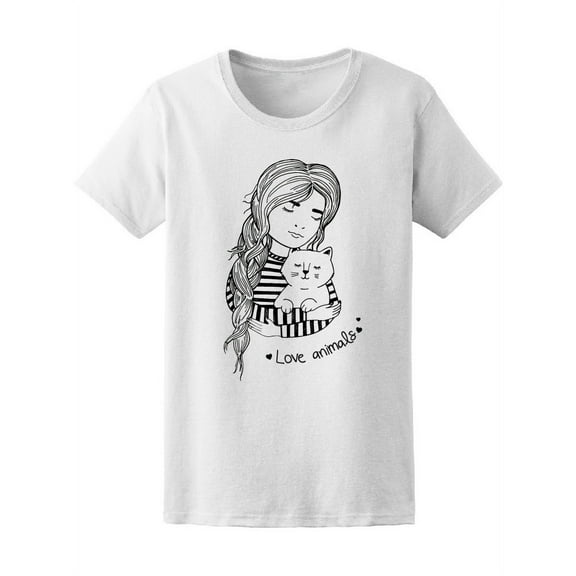 Girl With Cat Love Animals T-Shirt Women -Image by Shutterstock, Female Large