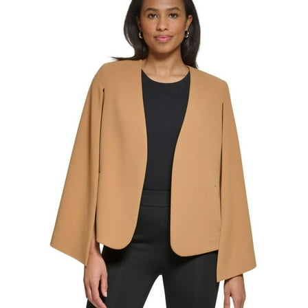 DKNY Womens Collarless Open Front Cape Blazer Jacket, Beige, Small