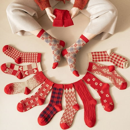

AYYUFE 1 Pair Chinese New Year Socks Plaid Heart Small Flower Snowflake Wavy Pattern Middle Tube Moisture Absorption Socks for Daily Wear
