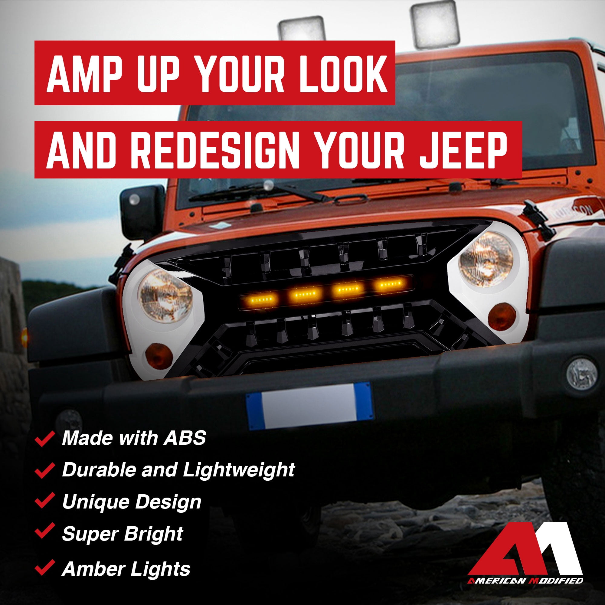 AMERICAN MODIFIED Grille 07-18 Jeep Wrangler JK w/ Amber LED, White/Black