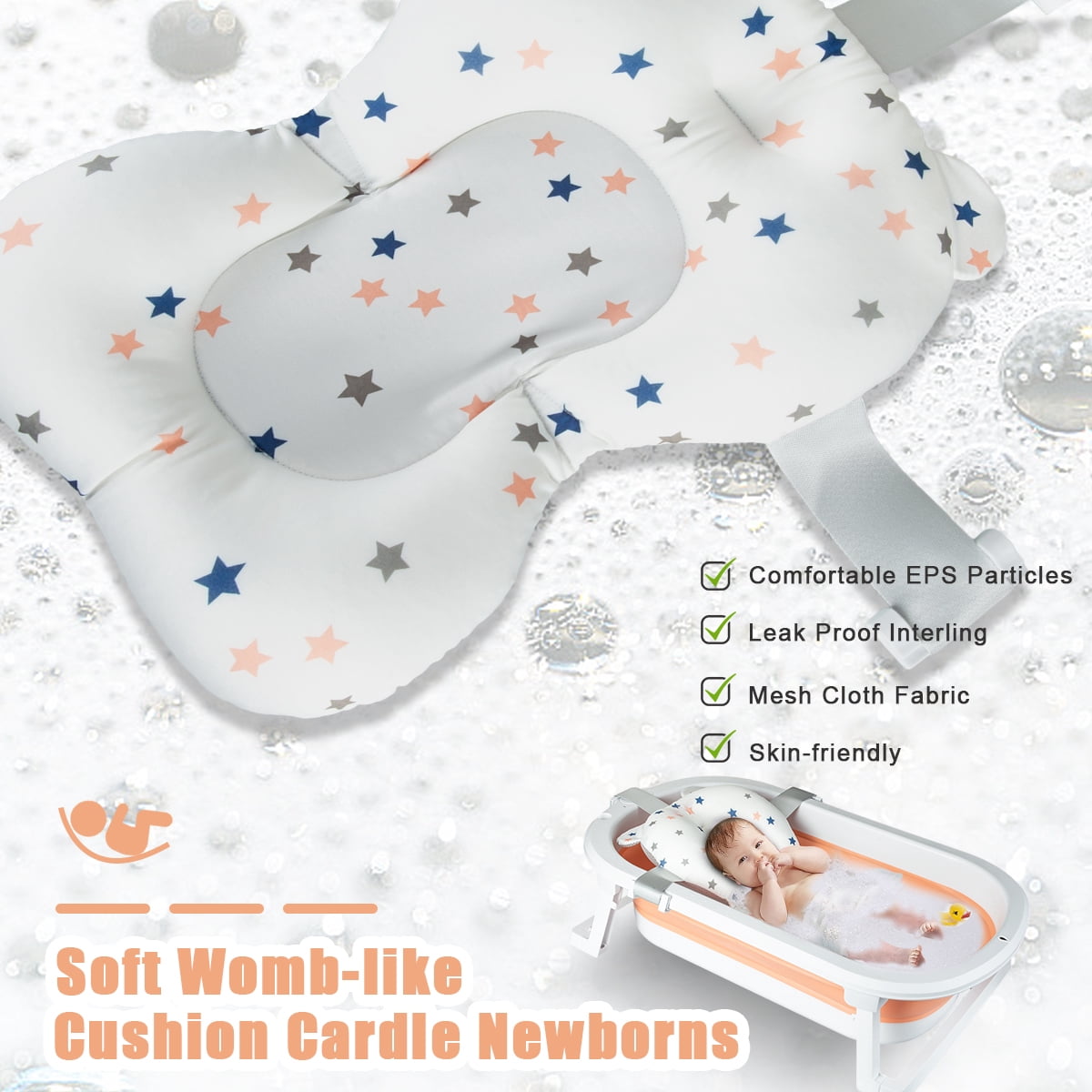 ANJORALA Foldable Baby Bath Tub with Toys, Portable Newborn Infant Bathtub, Pink+Floating Mat