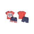 thumbnail image 2 of Loicainy Toddler Baby Boys 4th of July Outfits 3 6 12 18 24 Months 2T 3T Flag Letter Print Round Neck Short Sleeve T-Shirts Tops and Stars Print Shorts 2Pcs Clothes Set, 2 of 9