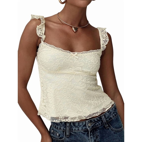 Women Lace Babydoll Tank Top Cap Sleeve See Throught Y2k Summer Going Out Crop Tops S