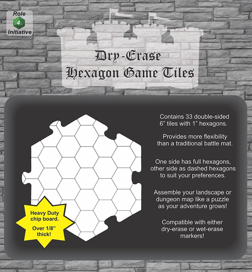 Dry Erase Hexagon Dungeon Tiles Pack of 33 Six Inch Tiles