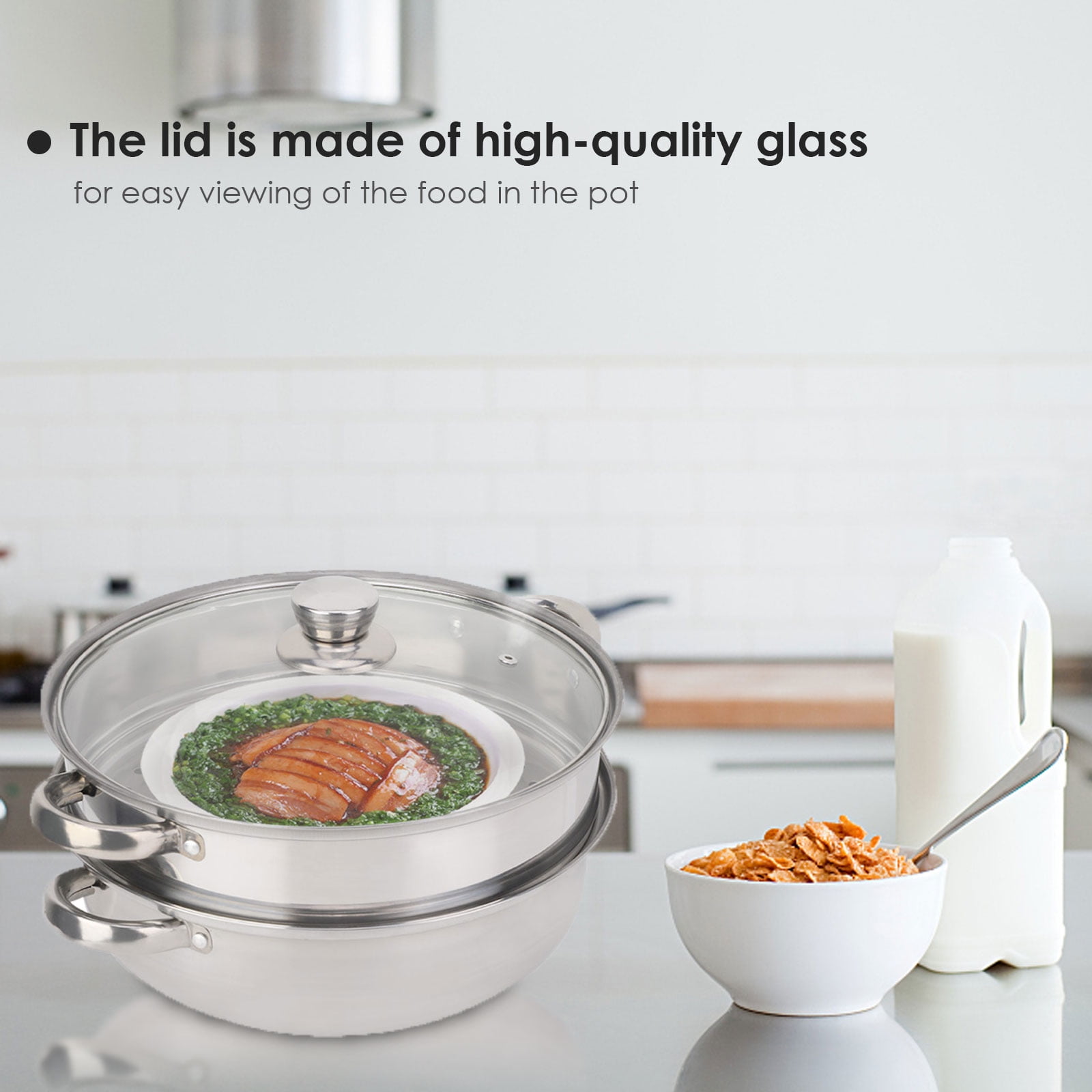 Stainless Steel 2-Layer Steamer Pot Cookware Double Boiler Soup Steaming Pot with Glass Lid 27cm/11in 