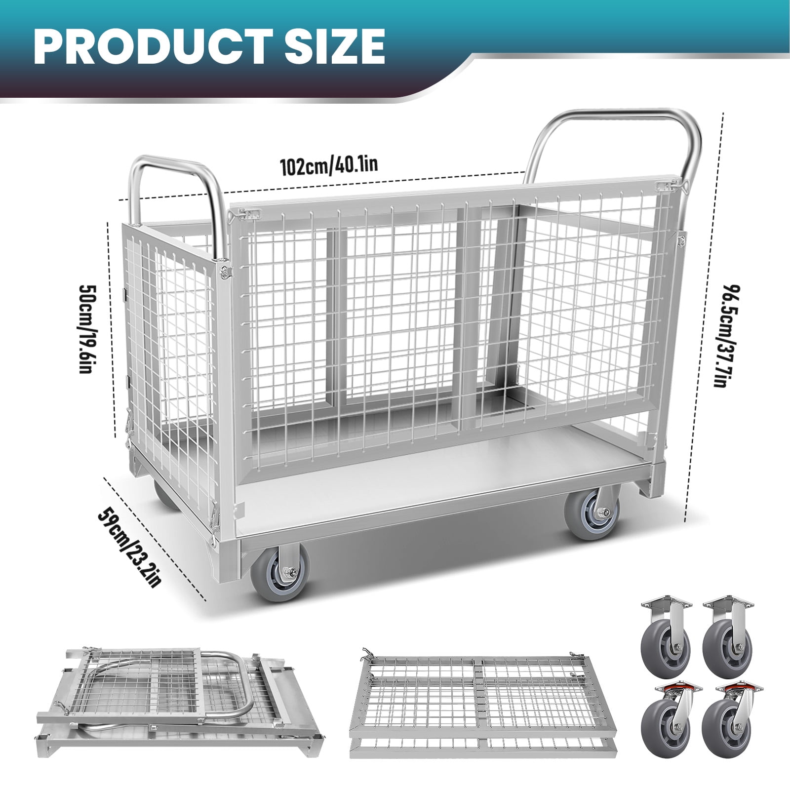 Net cage Trolley Heavy Duty Hand Truck with Cage Portable Platform Cart, 60.6 Pounds Silvery Metal Cart, Load 2200LBS 4-in-1 Design for Laundry, Groceries, Warehouse