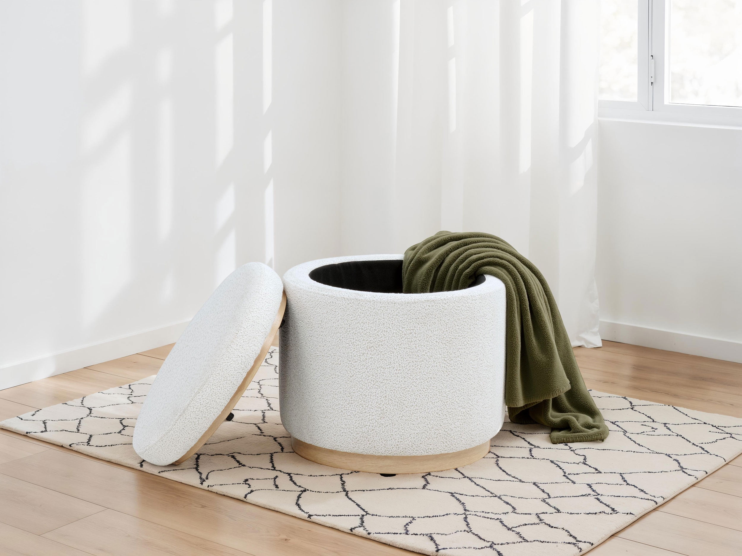 Remuda Boucle Upholstered Round Storage Ottoman Ivory